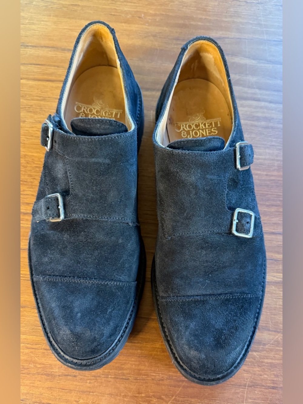 Crockett & Jones Tavistock Double Monk Strap Black Suede Shoes Vibram Sole EUC